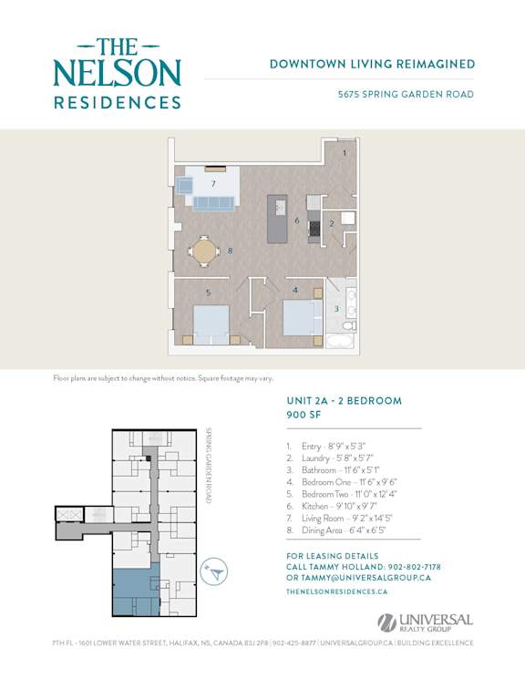 A floor plan for a 2 bedroom apartment at The Nelson Residences.