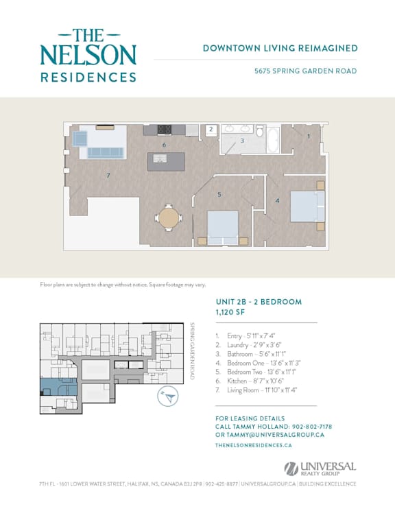 A floor plan for a 2-bedroom apartment at The Nelson Residences.