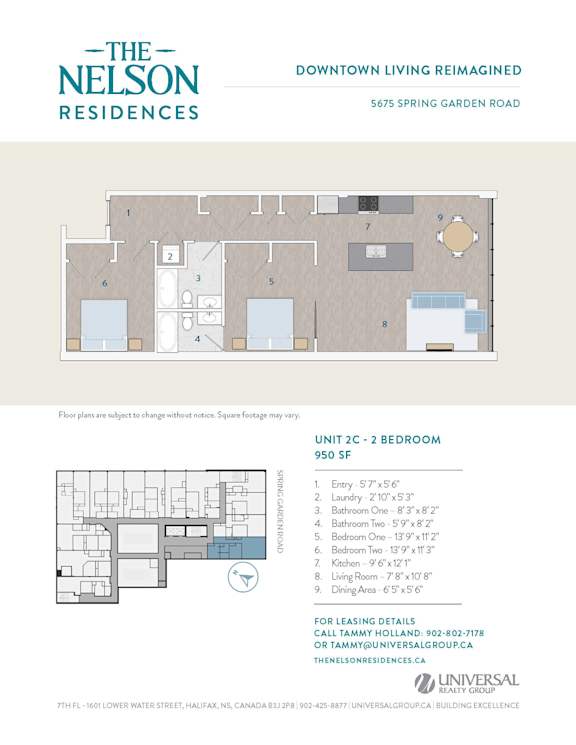 A floor plan for a 2-bedroom apartment at The Nelson Residences.