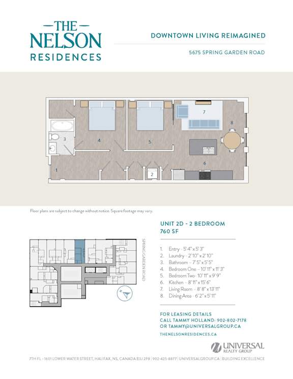 A floor plan for a 2-bedroom apartment at The Nelson Residences.