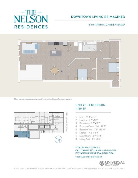 A floor plan for a 2-bedroom apartment at The Nelson Residences.