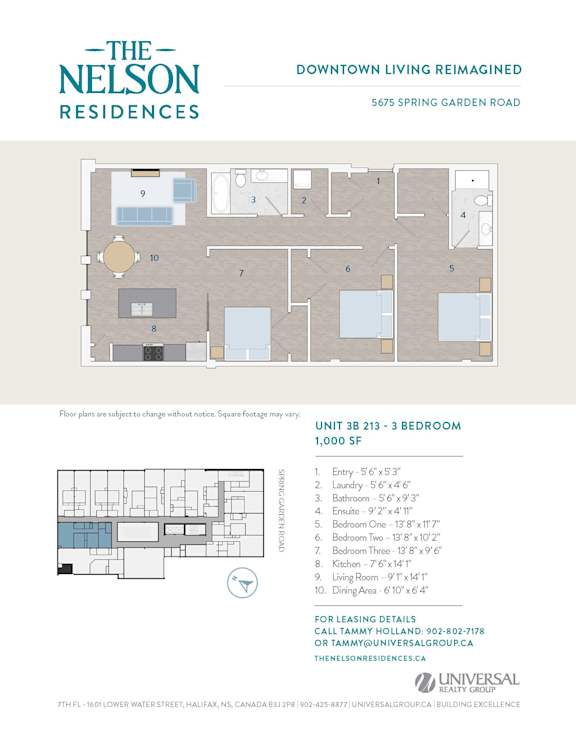 A floor plan for a 3 bedroom unit at The Nelson Residences.