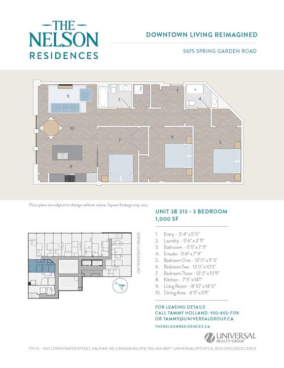 A floor plan for a 3 bedroom apartment at The Nelson Residences.