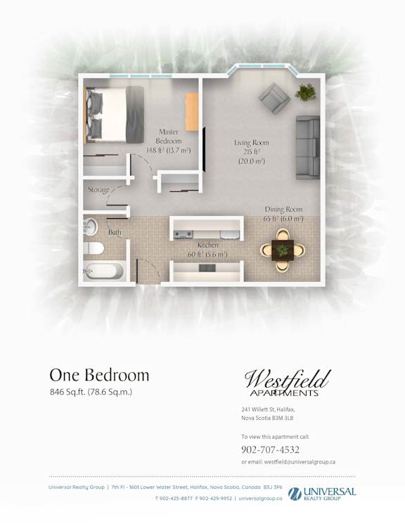 A floor plan for a one bedroom apartment at Westfield Apartments.