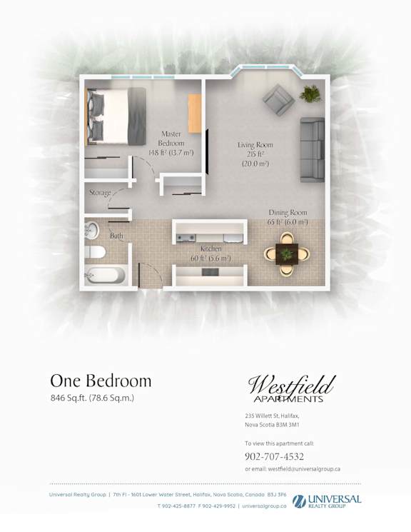 A floor plan for a one bedroom apartment at Westfield Apartments.
