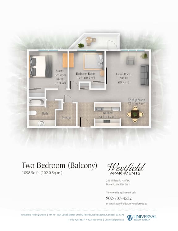 A floor plan for a two bedroom apartment with a balcony.