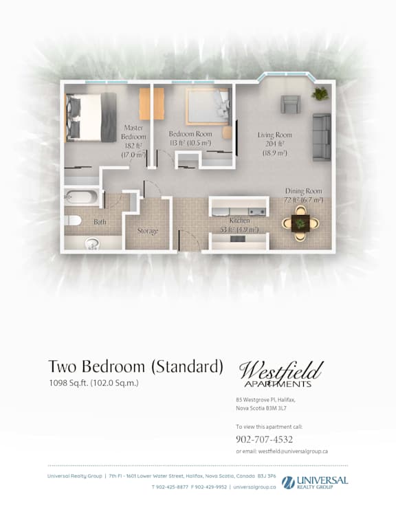 A floor plan for a two bedroom apartment with a living room, two bedrooms, a bathroom, a kitchen, and storage.