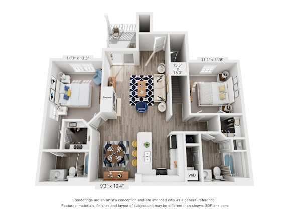 A 3D floor plan of a house with a kitchen, living room, and bathrooms.