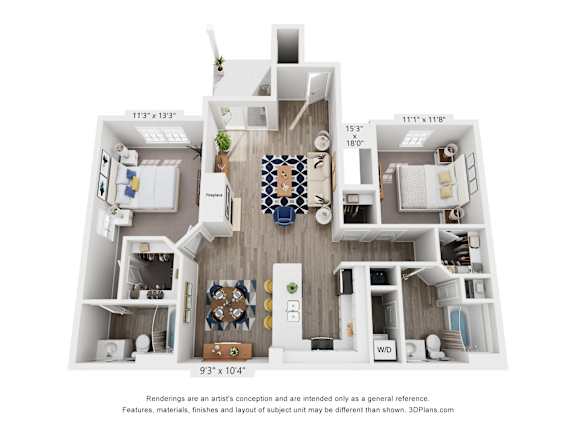 A 3D floor plan of a house with a living room, dining room, kitchen, and two bedrooms.