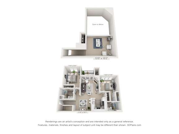 A floor plan of a two-bedroom apartment with a kitchen and living room.