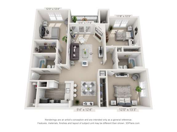 A 3D floor plan of a small apartment with a kitchen, living room, and two bedrooms.