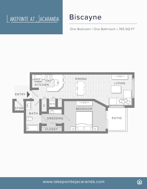 A floor plan of a one bedroom apartment with one bathroom at Lake Pointe at Jacaranda.