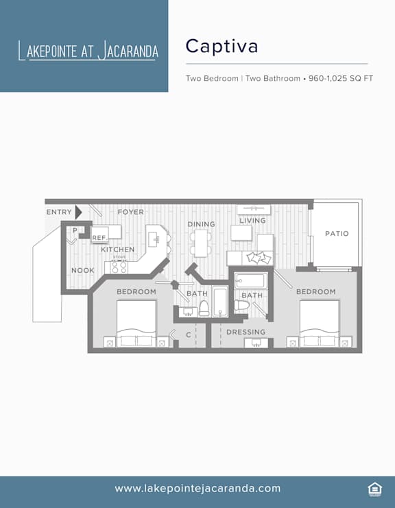 A floor plan of a Captiva apartment at Lake Pointe at Jacaranda.