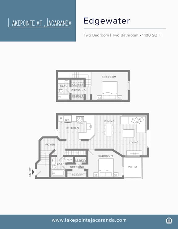 A floor plan for a property at Lake Pointe at Jacaranda showing two bedrooms and two bathrooms.