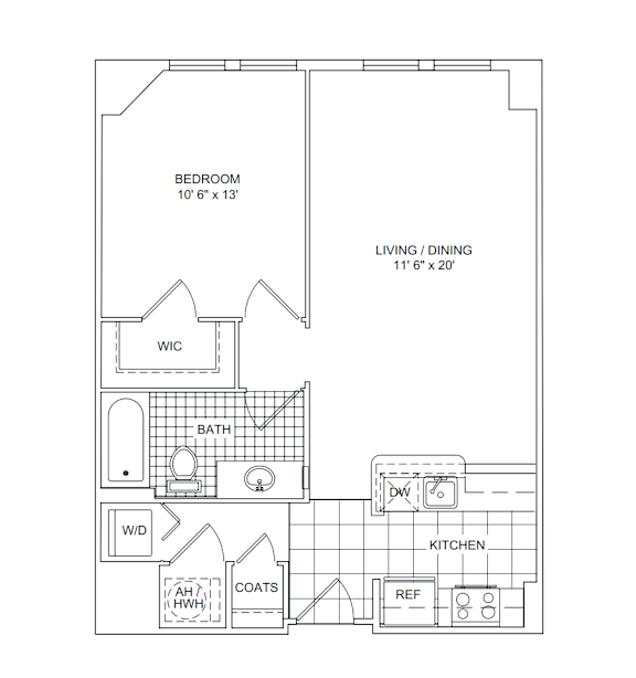 A floor plan of a house with a bedroom, bathroom, living/dining area, kitchen, and a workspace.
