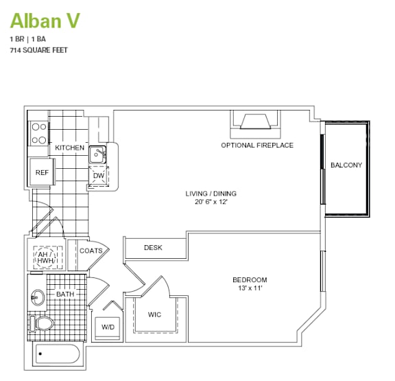 A floor plan of a one bedroom apartment with a living room, dining room, kitchen, bathroom, and bedroom.