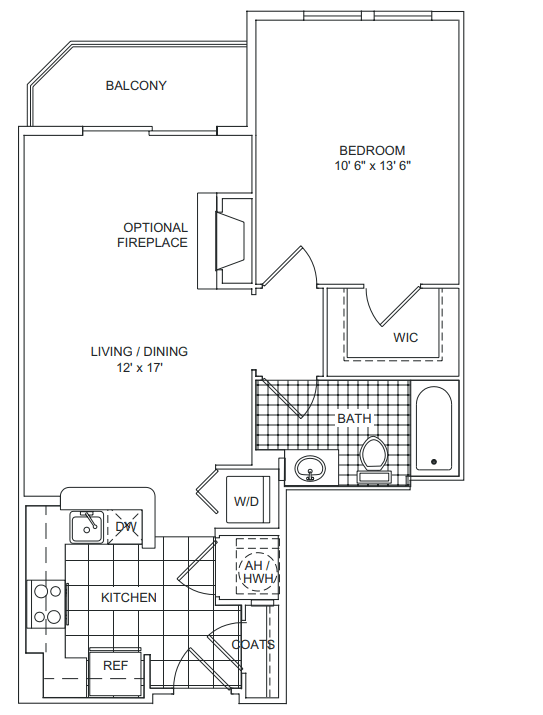 Floor Plan  A floor plan of a house with a balcony, bedroom, living/dining area, bathroom, kitchen, and optional fireplace.