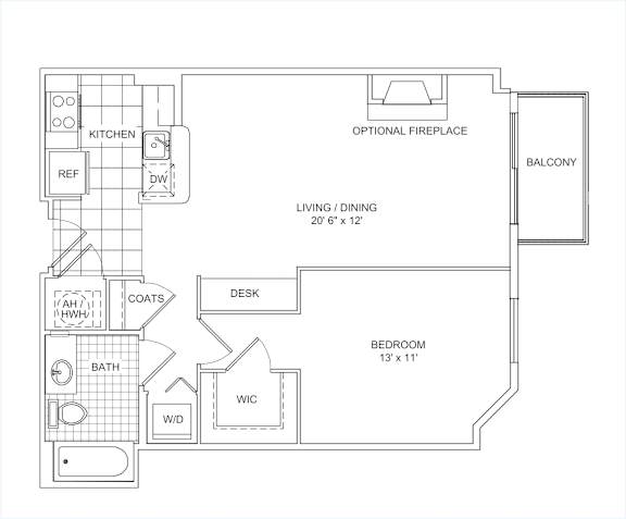 A floor plan of a small apartment with a kitchen, living room, dining room, bedroom, and bathroom.
