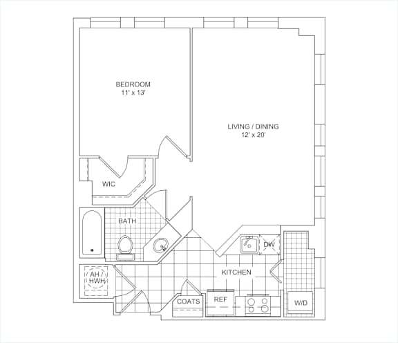A floor plan of a small apartment with a bedroom, living/dining area, kitchen, bathroom, and a WC.