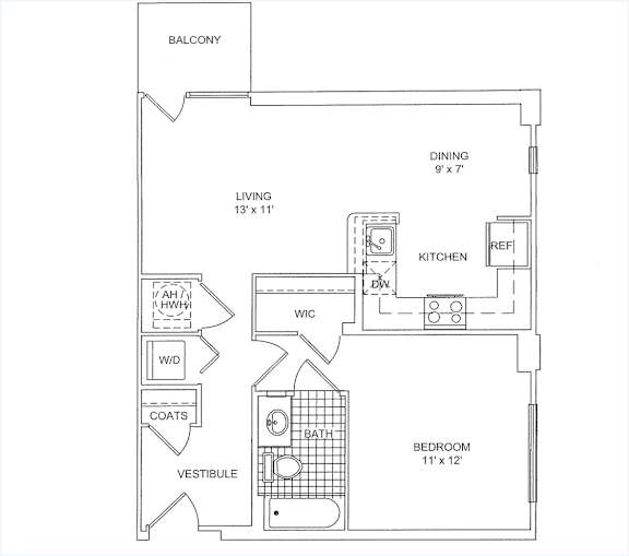 A floor plan of a house with a living room, dining room, kitchen, bathroom, and bedroom.