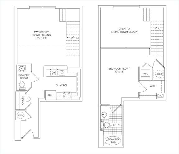 A floor plan of a two-story living space with a powder room, kitchen, and bedroom/loft.