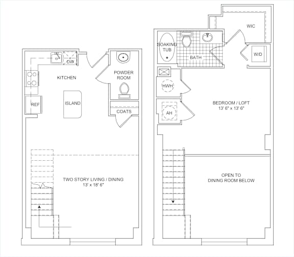 A floor plan of a home with a kitchen, bathroom, and two story living/dining area.
