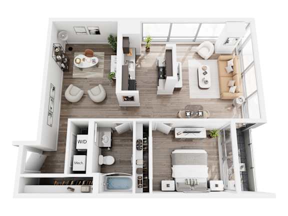 A top-down view of a modern, open-plan living space with a kitchen, dining area, and living room.