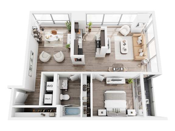 A top-down view of a modern, well-organized living space with a kitchen, dining area, and bathroom.
