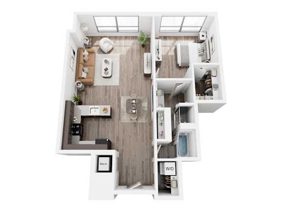 A top down view of a modern apartment layout.
