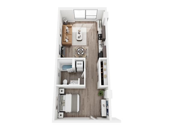 A top down view of a small apartment with a kitchen, living room, and bathroom.