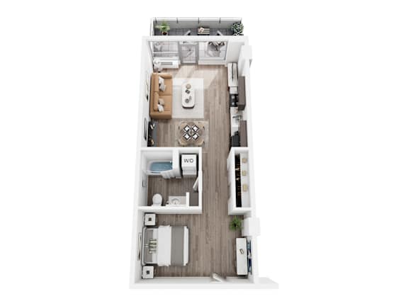 A top-down view of a small, neatly organized apartment with a bed, a desk, and a kitchenette.