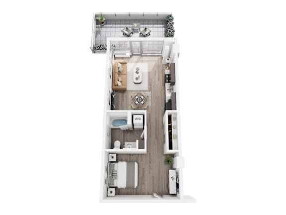 A top-down view of a small apartment with a kitchen, living room, and bathroom.