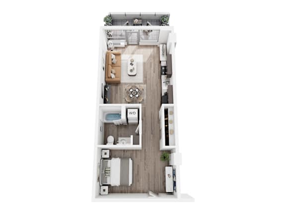 A top-down view of a small, neatly organized apartment with a kitchen, living room, and bathroom.