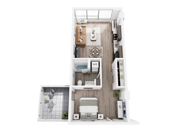 A top-down view of a small apartment with a kitchen, bathroom, and living room.