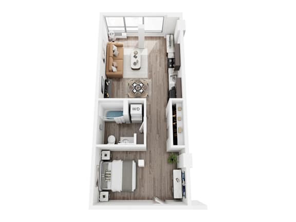 A top down view of a small apartment with a bedroom, living room, and kitchen.