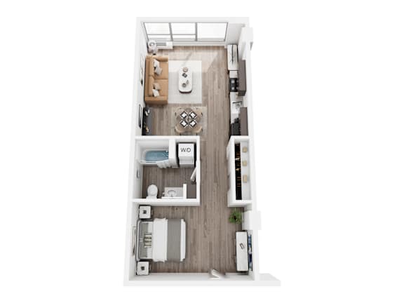 A top-down view of a small apartment with a kitchen, living room, and bathroom.