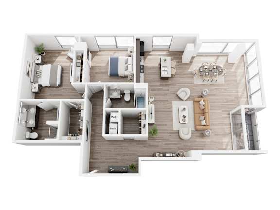 A top-down view of a modern apartment layout with a kitchen, living room, and bedrooms.