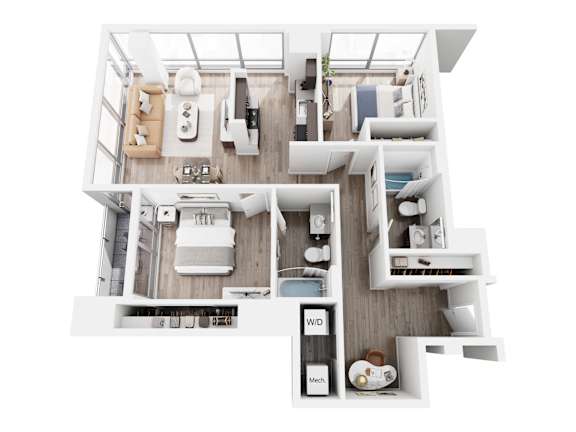 A top down view of a modern apartment layout.