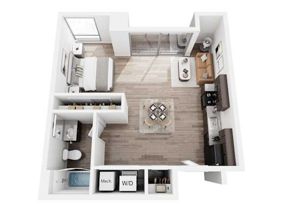 A top down view of a small apartment with a kitchen, living room, and bathroom.