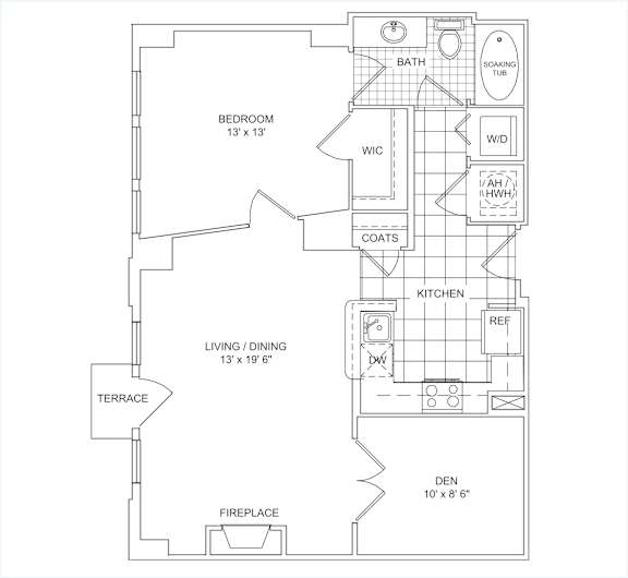 A floor plan of a house with a den, bath, and kitchen.