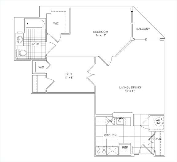 Floor Plan  A floor plan of a small apartment with a bedroom, living room, kitchen, and bathroom.