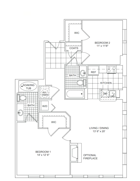 A floor plan of a home with two bedrooms, a living area, a kitchen, a bathroom, and a soaking tub.