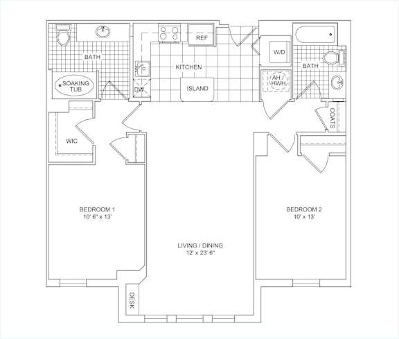 A floor plan of a house with two bedrooms, a living room, kitchen, bathroom, and a soaking tub.