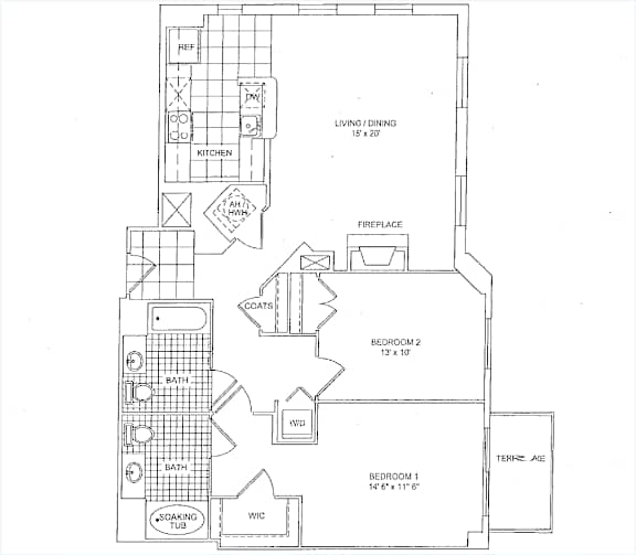 A floor plan of a house with two bedrooms, a living area, a kitchen, a fireplace, a bathroom, a washer and dryer, and a garage.