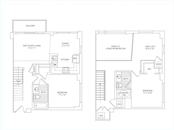 A floor plan of a two-story home with a balcony, living room, kitchen, bathroom, and bedroom.