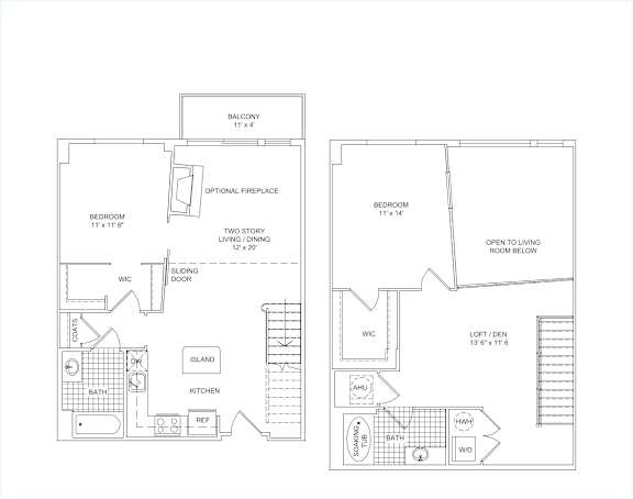 A floor plan of a two bedroom apartment with a living room, kitchen, and bathroom.