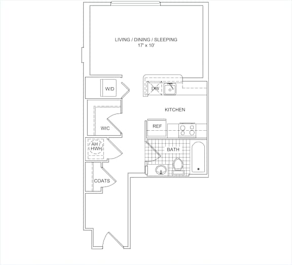 A floor plan of a small apartment with a living room, kitchen, bathroom, and coats storage.