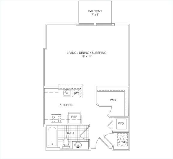 A floor plan of a small apartment with a living room, kitchen, bathroom and bedroom.