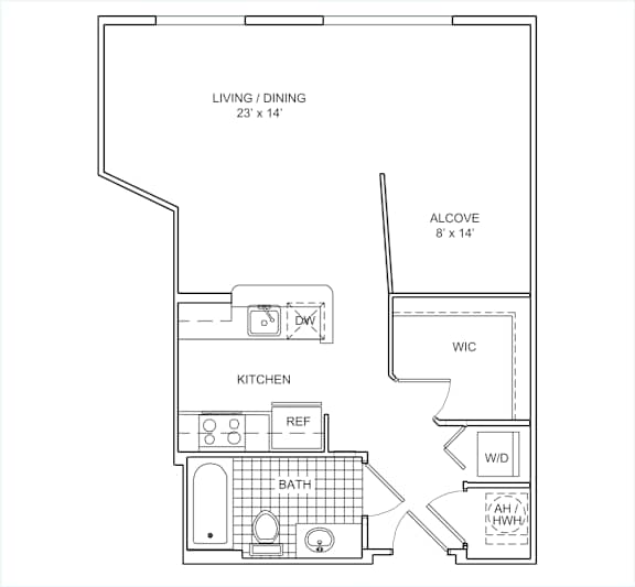 A floor plan of a small apartment with a living/dining area, kitchen, bathroom, and a workspace.