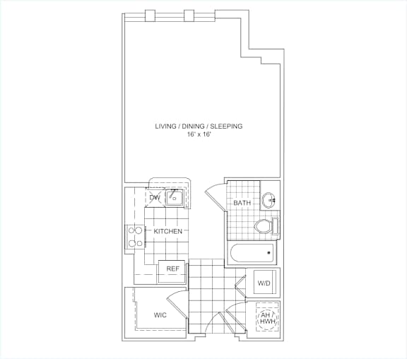 Floor Plan  A floor plan of a small apartment with a living room, kitchen, bathroom, and a workspace.